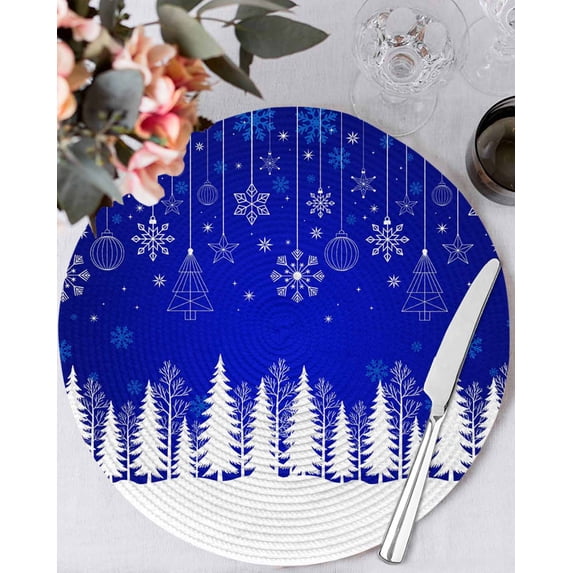 15 Inch Round Placemats Set of 4, Blue Christmas Snowflakes Non Slip Heat Insulation PP Table Mats, Xmas Balls Winter Pine Tree Washable Place Mats for Kitchen Dining Party Table Decor