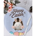 thumbnail image 1 of 15 Inch Round Placemats Set of 4, Blue Easter Non Slip Heat Insulation PP Table Mats, Spring Cartoon Bunny Colorful Eggs Wood Grain Washable Place Mats for Kitchen Dining Party Table Decor, 1 of 7