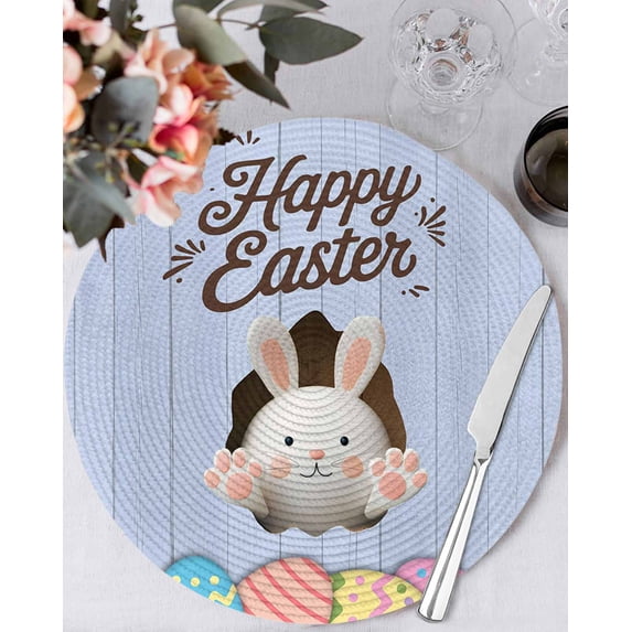 15 Inch Round Placemats Set of 4, Blue Easter Non Slip Heat Insulation PP Table Mats, Spring Cartoon Bunny Colorful Eggs Wood Grain Washable Place Mats for Kitchen Dining Party Table Decor