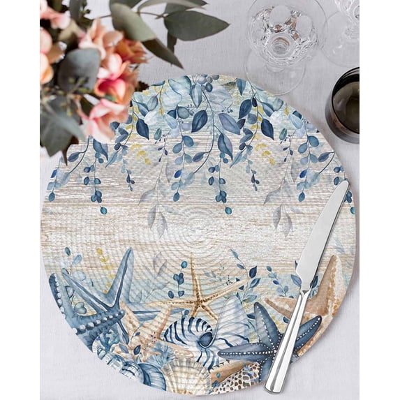 15 Inch Round Placemats Set of 4, Blue Eucalyptus Coastal Non Slip Heat Insulation PP Table Mats, Beach Starfish Shell Nautical Vintage Washable Place Mats for Kitchen Dining Party Table Decor