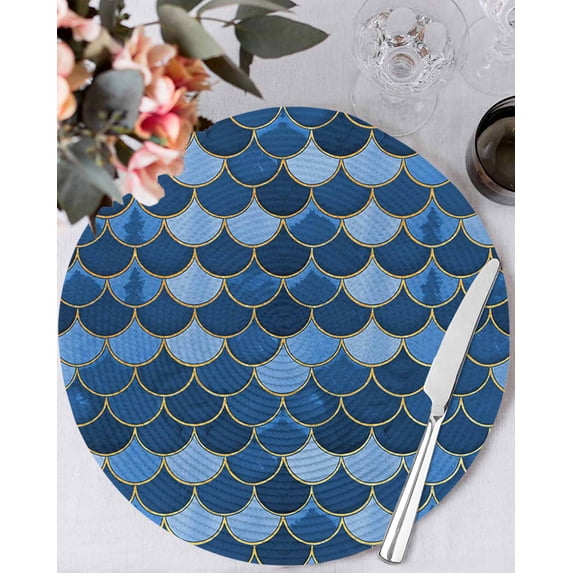 15 Inch Round Placemats Set of 4, Blue Fish Scale Non Slip Heat Insulation PP Table Mats, Modern Geometric Ombre Abstract Moroccan Washable Place Mats for Kitchen Dining Party Table Decor