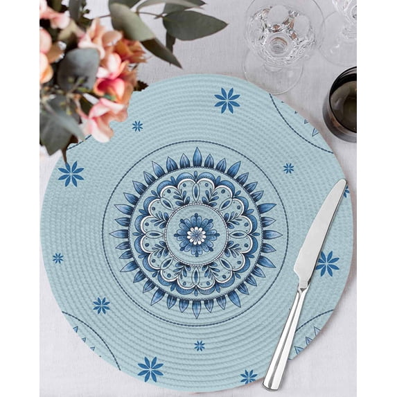 15 Inch Round Placemats Set of 4, Blue Floral Non Slip Heat Insulation PP Table Mats, Farmhouse Abstract Country Flowers Art Washable Place Mats for Kitchen Dining Party Table Decor