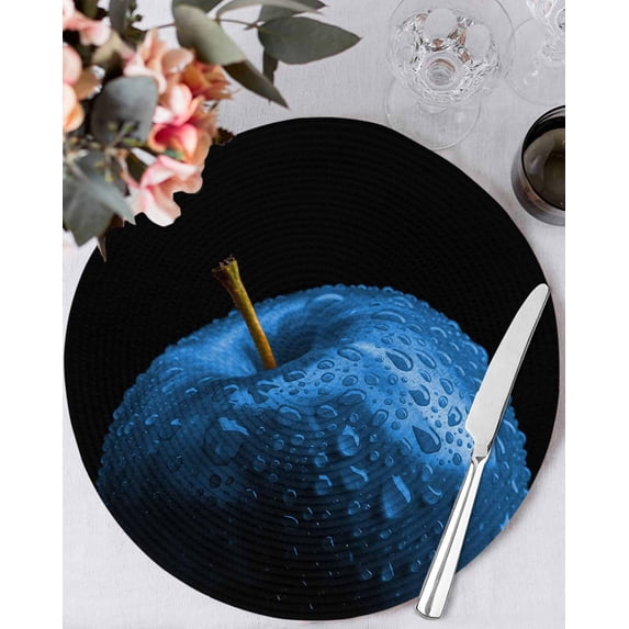 15 Inch Round Placemats Set of 4, Blue Fruit Non Slip Heat Insulation PP Table Mats, Modern Minimalist Decor Black Background Washable Place Mats for Kitchen Dining Party Table Decor