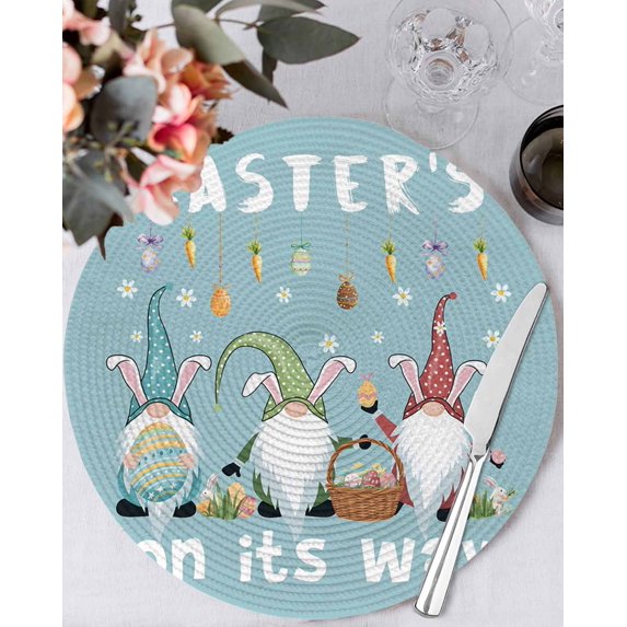 15 Inch Round Placemats Set of 4, Blue Gnomes Easter Non Slip Heat Insulation PP Table Mats, Eggs Botanical Carrot Pastoral Washable Place Mats for Kitchen Dining Party Table Decor