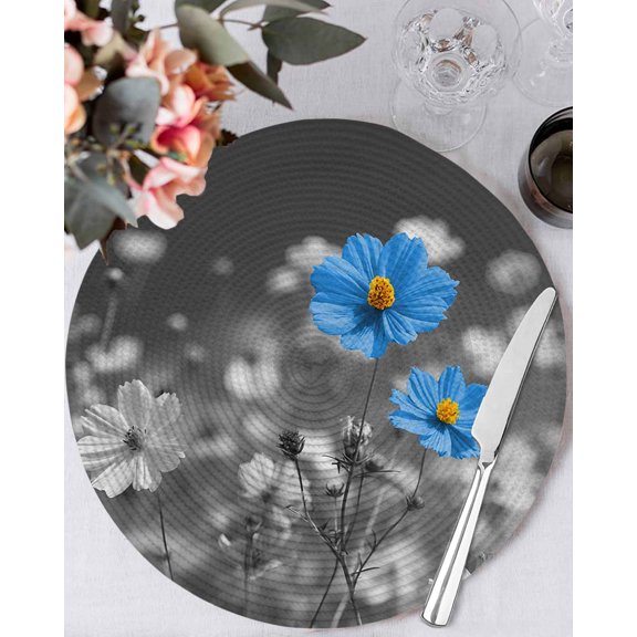15 Inch Round Placemats Set of 4, Blue Grey Daisy Non Slip Heat Insulation PP Table Mats, Farmhouse Flowers Abstract Country Washable Place Mats for Kitchen Dining Party Table Decor