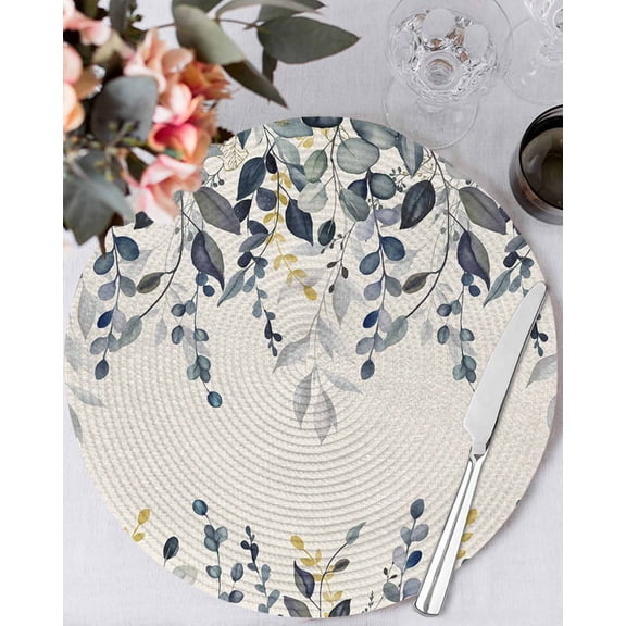 15 Inch Round Placemats Set of 4, Blue Grey Eucalyptus Non Slip Heat Insulation PP Table Mats, Farmhouse Weeping Leaves on Linen Washable Place Mats for Kitchen Dining Party Table Decor