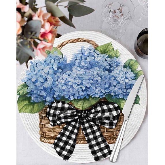 15 Inch Round Placemats Set of 4, Blue Hydrangea Flower Non Slip Heat Insulation PP Table Mats, Spring Summer Black White Bow Floral Washable Place Mats for Kitchen Dining Party Table Decor