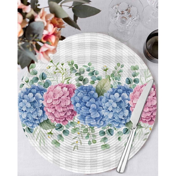 15 Inch Round Placemats Set of 4, Blue Pink Hydrangea Non Slip Heat Insulation PP Table Mats, Eucalyptus Leaves Grey Plaid Washable Place Mats for Kitchen Dining Party Table Decor