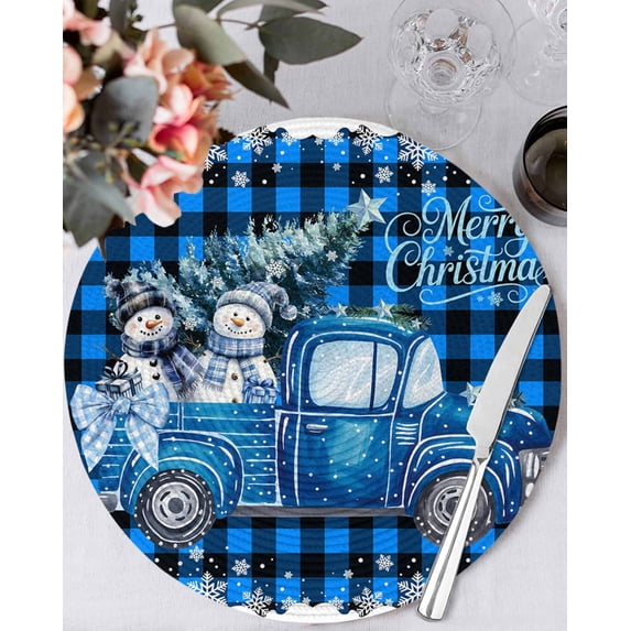 15 Inch Round Placemats Set of 4, Blue Plaid Christmas Truck Non Slip Heat Insulation PP Table Mats, Xmas Tree Snowman Snowflake Washable Place Mats for Kitchen Dining Party Table Decor