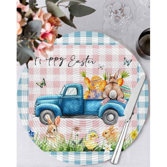 15 Inch Round Placemats Set of 4, Blue Plaid Easter Non Slip Heat Insulation PP Table Mats, Truck Spring Floral Bunny Animals Washable Place Mats for Kitchen Dining Party Table Decor