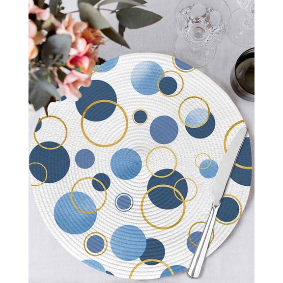 15 Inch Round Placemats Set of 4, Blue Polka Dots Non Slip Heat Insulation PP Table Mats, Modern Abstract Art Washable Place Mats for Kitchen Dining Party Table Decor
