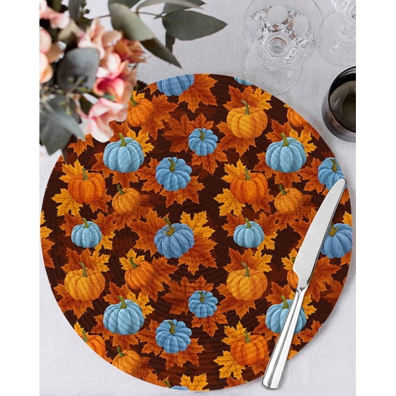 15 Inch Round Placemats Set of 4, Blue Pumpkin Fall Non Slip Heat Insulation PP Table Mats, Thanksgiving Maple Leaves Autumn Washable Place Mats for Kitchen Dining Party Table Decor
