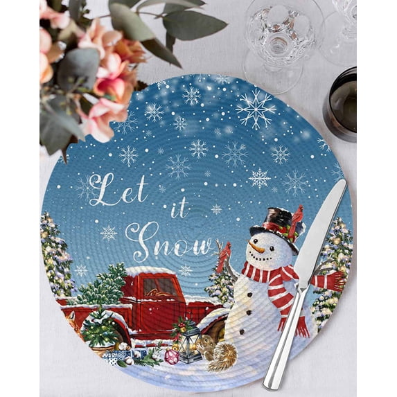 15 Inch Round Placemats Set of 4, Blue Snowman Christmas Non Slip Heat Insulation PP Table Mats, Snowflake Red Truck Xmas Tree Gifts Washable Place Mats for Kitchen Dining Party Table Decor