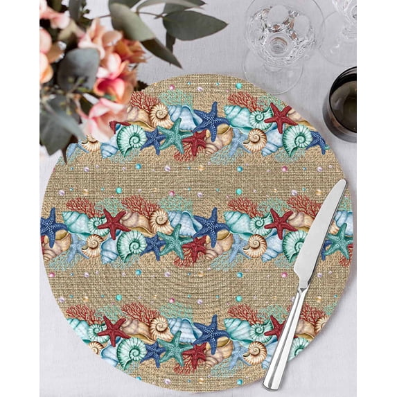 15 Inch Round Placemats Set of 4, Blue Starfish Conch Non Slip Heat Insulation PP Table Mats, Ocean Coral Summer Beach Coastal Washable Place Mats for Kitchen Dining Party Table Decor