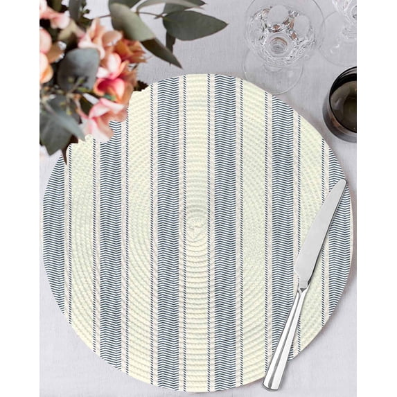 15 Inch Round Placemats Set of 4, Blue Stripe Non Slip Heat Insulation PP Table Mats, Modern Farmhouse Geometric Retro Striped Washable Place Mats for Kitchen Dining Party Table Decor