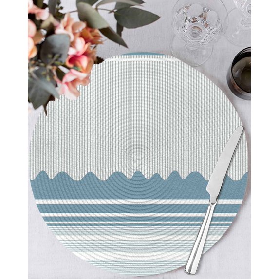 15 Inch Round Placemats Set of 4, Blue Striped Non Slip Heat Insulation PP Table Mats, Abstract Modern Geometric Stripes Washable Place Mats for Kitchen Dining Party Table Decor