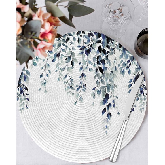 15 Inch Round Placemats Set of 4, Blue Teal Eucalyptus Non Slip Heat Insulation PP Table Mats, Weeping Botanical Leaf Watercolor Washable Place Mats for Kitchen Dining Party Table Decor