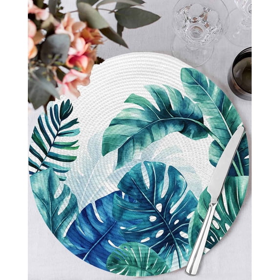 15 Inch Round Placemats Set of 4, Blue Teal Leaves Non Slip Heat Insulation PP Table Mats, Summer Botanical Watercolor Leaf Washable Place Mats for Kitchen Dining Party Table Decor