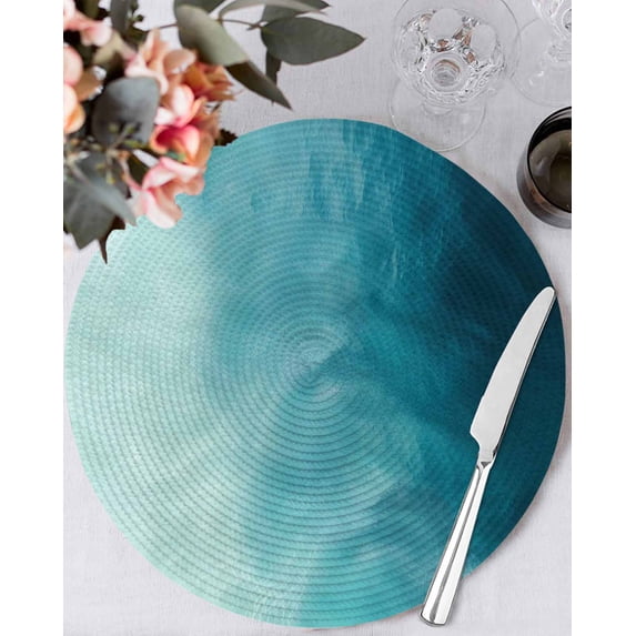 15 Inch Round Placemats Set of 4, Blue Teal Ombre Non Slip Heat Insulation PP Table Mats, Coastal Beach Modern Abstract Art Washable Place Mats for Kitchen Dining Party Table Decor