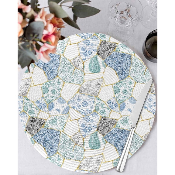 15 Inch Round Placemats Set of 4, Blue White Porcelain Non Slip Heat Insulation PP Table Mats, Traditional Oriental Chinese Art Washable Place Mats for Kitchen Dining Party Table Decor