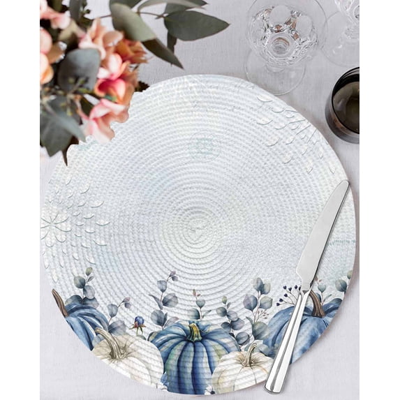 15 Inch Round Placemats Set of 4, Blue White Pumpkin Non Slip Heat Insulation PP Table Mats, Fall Thanksgiving Eucalyptus Coastal Washable Place Mats for Kitchen Dining Party Table Decor