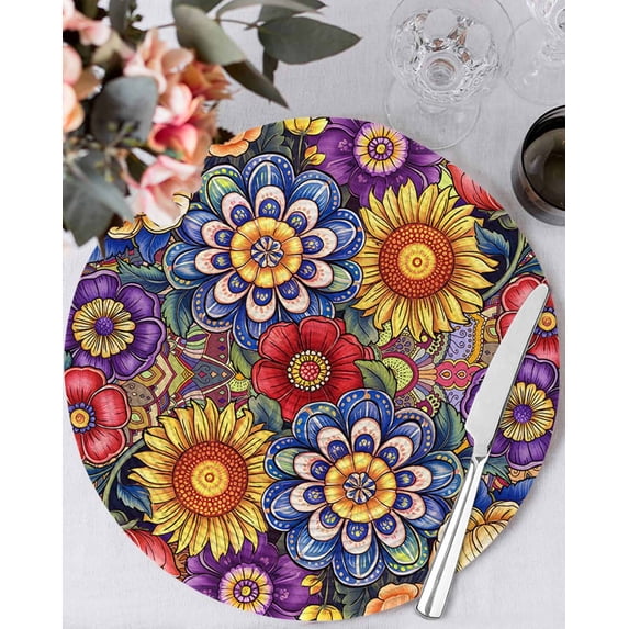 15 Inch Round Placemats Set of 4, Boho Blue Flower Non Slip Heat Insulation PP Table Mats, Spring Bohemia Chic Red Yellow Floral Washable Place Mats for Kitchen Dining Party Table Decor