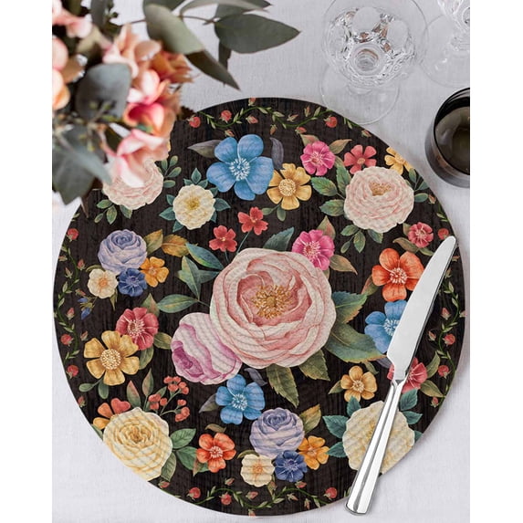 15 Inch Round Placemats Set of 4, Boho Pink Flower Non Slip Heat Insulation PP Table Mats, Spring Watercolor Country Floral Plant Washable Place Mats for Kitchen Dining Party Table Decor
