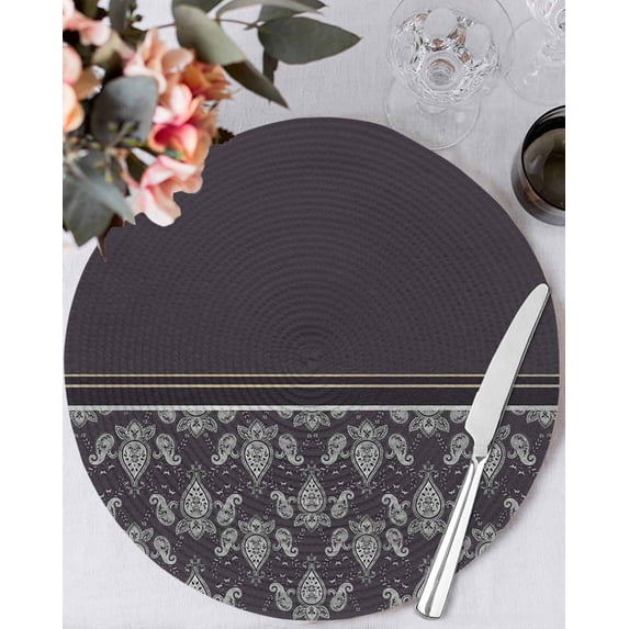 15 Inch Round Placemats Set of 4, Boho Purple Flower Non Slip Heat Insulation PP Table Mats, Abstract Bohemia Pesley Floral Washable Place Mats for Kitchen Dining Party Table Decor