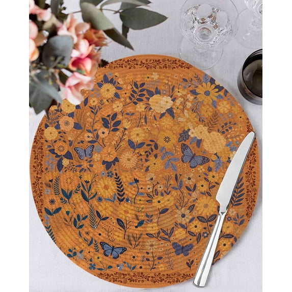 15 Inch Round Placemats Set of 4, Boho Yellow Flowers Non Slip Heat Insulation PP Table Mats, Spring Abstract Watercolor Floral Leaf Washable Place Mats for Kitchen Dining Party Table Decor