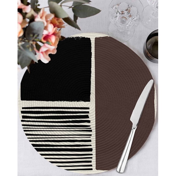 15 Inch Round Placemats Set of 4, Brown Black Non Slip Heat Insulation PP Table Mats, Modern Abstract Art Farmhouse Striped Washable Place Mats for Kitchen Dining Party Table Decor