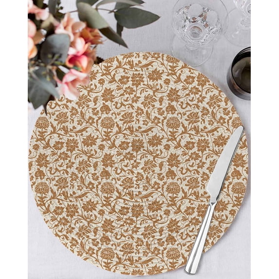 15 Inch Round Placemats Set of 4, Brown Floral Non Slip Heat Insulation PP Table Mats, Vintage Rustic Flowers Botanical Spring Washable Place Mats for Kitchen Dining Party Table Decor