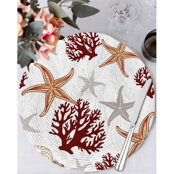 15 Inch Round Placemats Set of 4, Brown Starfish Coastal Non Slip Heat Insulation PP Table Mats, Coral Nautical Summer Ocean Washable Place Mats for Kitchen Dining Party Table Decor