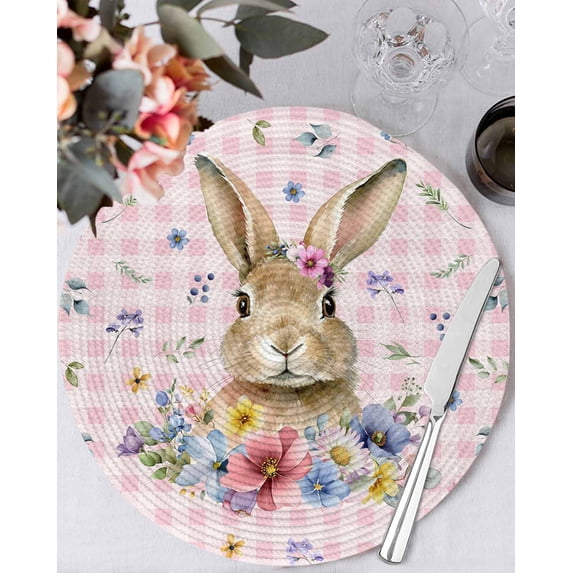 15 Inch Round Placemats Set of 4, Bunny Easter Non Slip Heat Insulation PP Table Mats, Pink Plaid Spring Floral Pastoral Washable Place Mats for Kitchen Dining Party Table Decor
