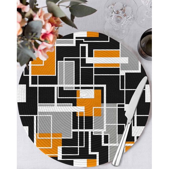 15 Inch Round Placemats Set of 4, Burnt Orange Black Geometric Non Slip Heat Insulation PP Table Mats, Modern Color Block Abstract Washable Place Mats for Kitchen Dining Party Table Decor