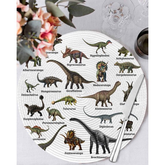 15 Inch Round Placemats Set of 4, Cartoon Dinosaurs Non Slip Heat Insulation PP Table Mats, Natural Primitive Wild Animals Names Washable Place Mats for Kitchen Dining Party Table Decor