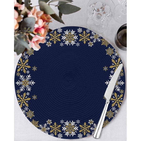 15 Inch Round Placemats Set of 4, Christmas Blue Non Slip Heat Insulation PP Table Mats, Xmas Golden Snowflakes Winter Vintage Washable Place Mats for Kitchen Dining Party Table Decor
