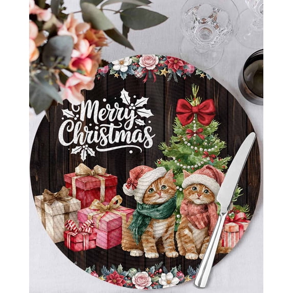 15 Inch Round Placemats Set of 4, Christmas Cats Non Slip Heat Insulation PP Table Mats, XmasTree Winter Gifts Floral Brown Wooden Washable Place Mats for Kitchen Dining Party Table Decor