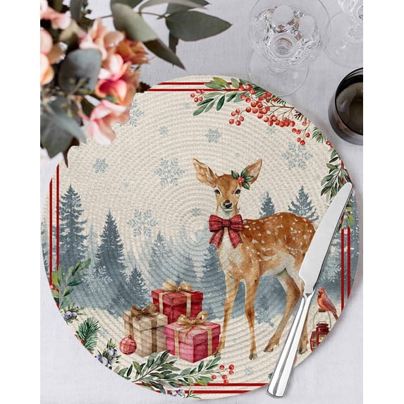 15 Inch Round Placemats Set of 4, Christmas Elk Non Slip Heat Insulation PP Table Mats, Xmas Pine Cones Gifts Snowflake Retro Washable Place Mats for Kitchen Dining Party Table Decor
