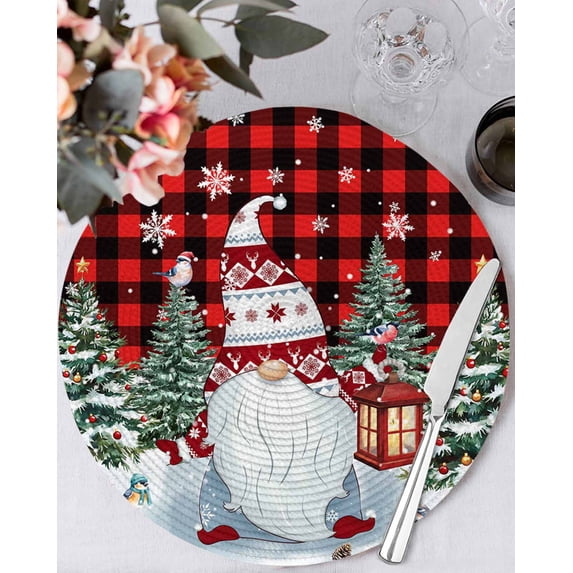 15 Inch Round Placemats Set of 4, Christmas Gnomes Non Slip Heat Insulation PP Table Mats, Red Black Plaid Xmas Tree Snowflake Washable Place Mats for Kitchen Dining Party Table Decor