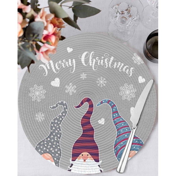 15 Inch Round Placemats Set of 4, Christmas Grey Non Slip Heat Insulation PP Table Mats, Cute Gnomes Xmas Winter Snowflakes Washable Place Mats for Kitchen Dining Party Table Decor