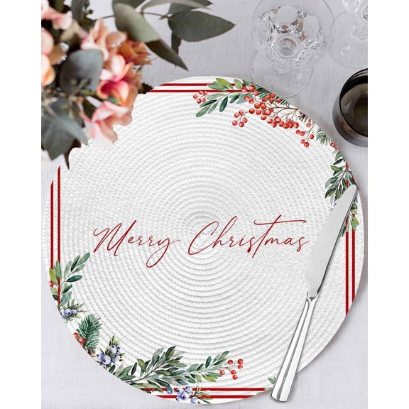 15 Inch Round Placemats Set of 4, Christmas Non Slip Heat Insulation PP Table Mats, Pine Cones Botanical Xmas Washable Place Mats for Kitchen Dining Party Table Decor