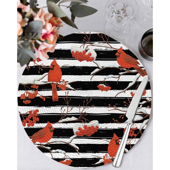 15 Inch Round Placemats Set of 4, Christmas Non Slip Heat Insulation PP Table Mats, Red Cardinal Birds on Branch Berries White Black Stripes Washable Place Mats for Kitchen Dining Party Table Decor