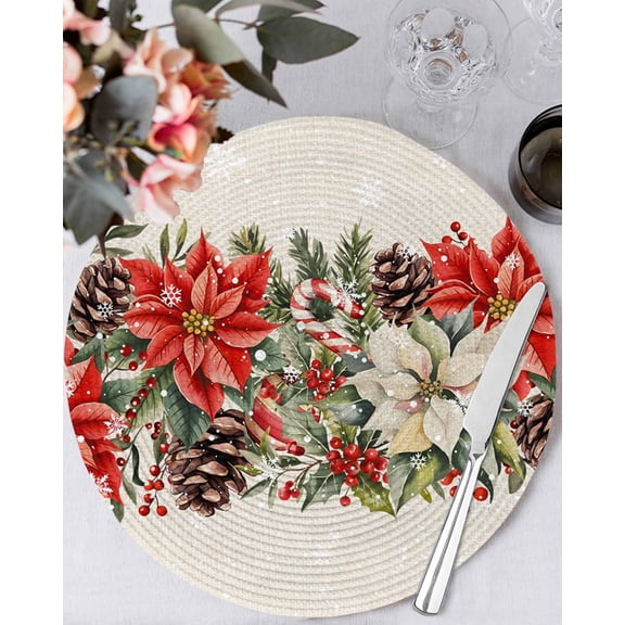 15 Inch Round Placemats Set of 4, Christmas Poinsettia Non Slip Heat Insulation PP Table Mats, Xmas Botanical Floral Snowflakes Washable Place Mats for Kitchen Dining Party Table Decor