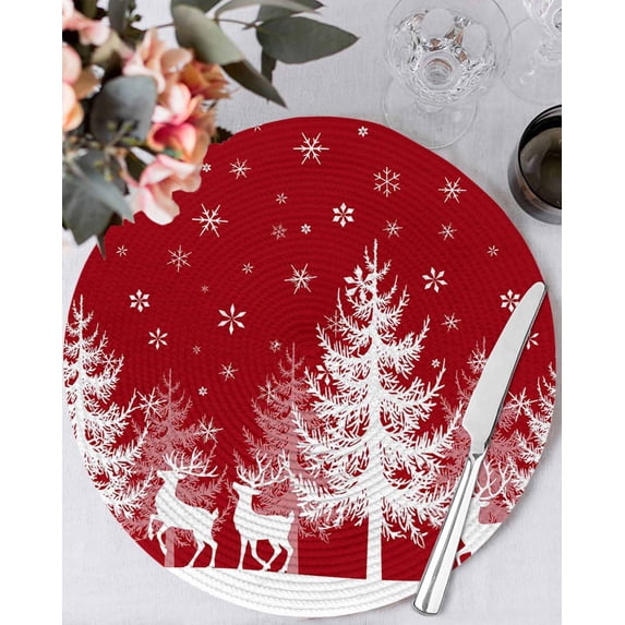15 Inch Round Placemats Set of 4, Christmas Red Non Slip Heat Insulation PP Table Mats, White Xmas Tree Elk Winter Snowflake Washable Place Mats for Kitchen Dining Party Table Decor