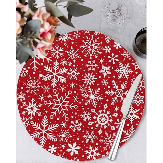 15 Inch Round Placemats Set of 4, Christmas Red Non Slip Heat Insulation PP Table Mats, Winter Snowflakes Xmas New Year Washable Place Mats for Kitchen Dining Party Table Decor