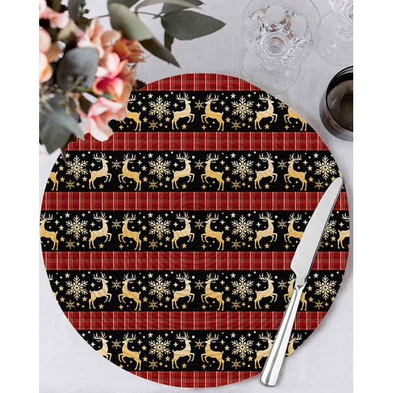15 Inch Round Placemats Set of 4, Christmas Reindeer Non Slip Heat Insulation PP Table Mats, Red Farmhouse Checker Xmas Snowflake Washable Place Mats for Kitchen Dining Party Table Decor