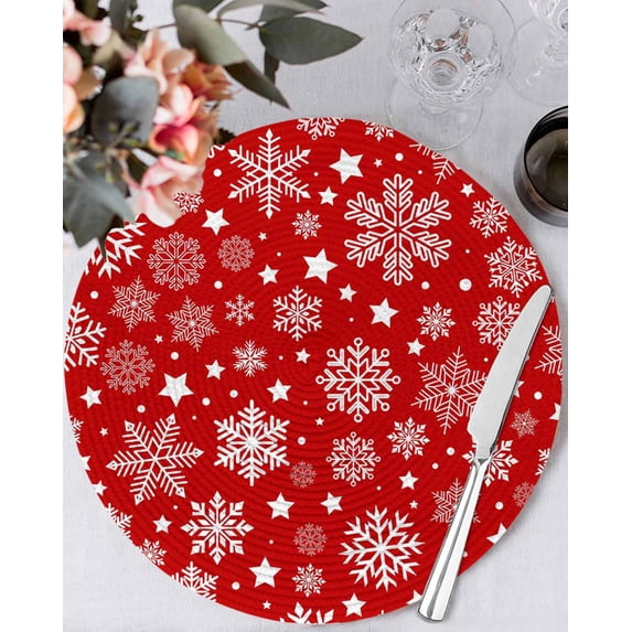 15 Inch Round Placemats Set of 4, Christmas Snowflakes Non Slip Heat Insulation PP Table Mats, Winter Xmas Red White Washable Place Mats for Kitchen Dining Party Table Decor