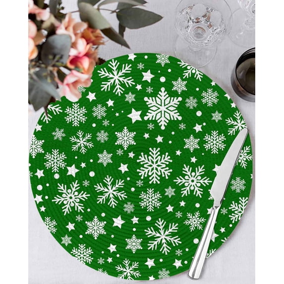 15 Inch Round Placemats Set of 4, Christmas Snowflakes Non Slip Heat Insulation PP Table Mats, Xmas Winter Watercolor Green Washable Place Mats for Kitchen Dining Party Table Decor