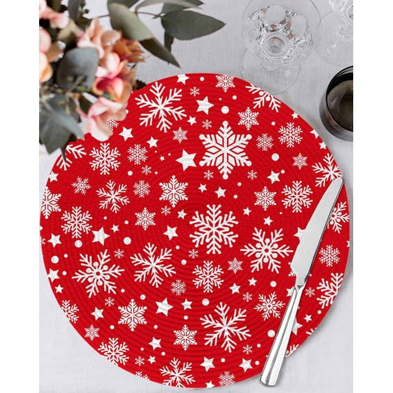 15 Inch Round Placemats Set of 4, Christmas Snowflakes Non Slip Heat Insulation PP Table Mats, Xmas Winter Watercolor Red Washable Place Mats for Kitchen Dining Party Table Decor