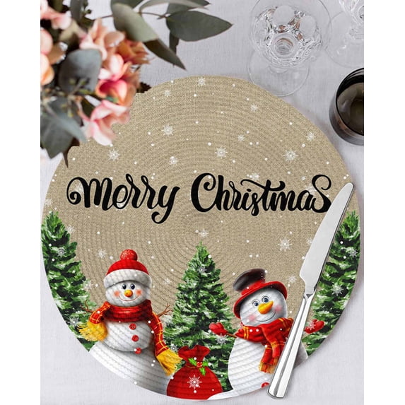 15 Inch Round Placemats Set of 4, Christmas Snowman Non Slip Heat Insulation PP Table Mats, Brown Winter Snowflake Xmas Pine Tree Washable Place Mats for Kitchen Dining Party Table Decor